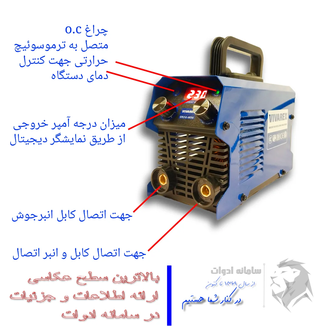 اینورتر جوشکاری دو ولوم ویوارکس مدل VR210 5 معرفی قسمت جلوی دستگاه اینورتر جوشکاری دو ولوم ویوارکس