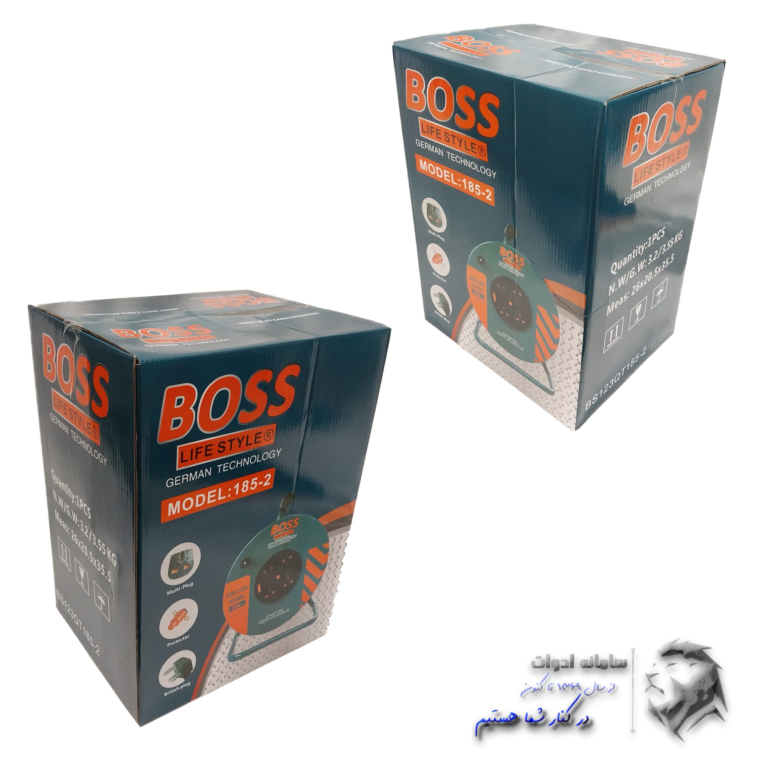 قرقره کابل برق 25 متری 4 پریز باس (سیم سیار قرقره ای+ویدئو معرفی) مدل CB25MBS 6 قرقره کابل برق 4 پریز فلزی باس تصویر بسته بندی